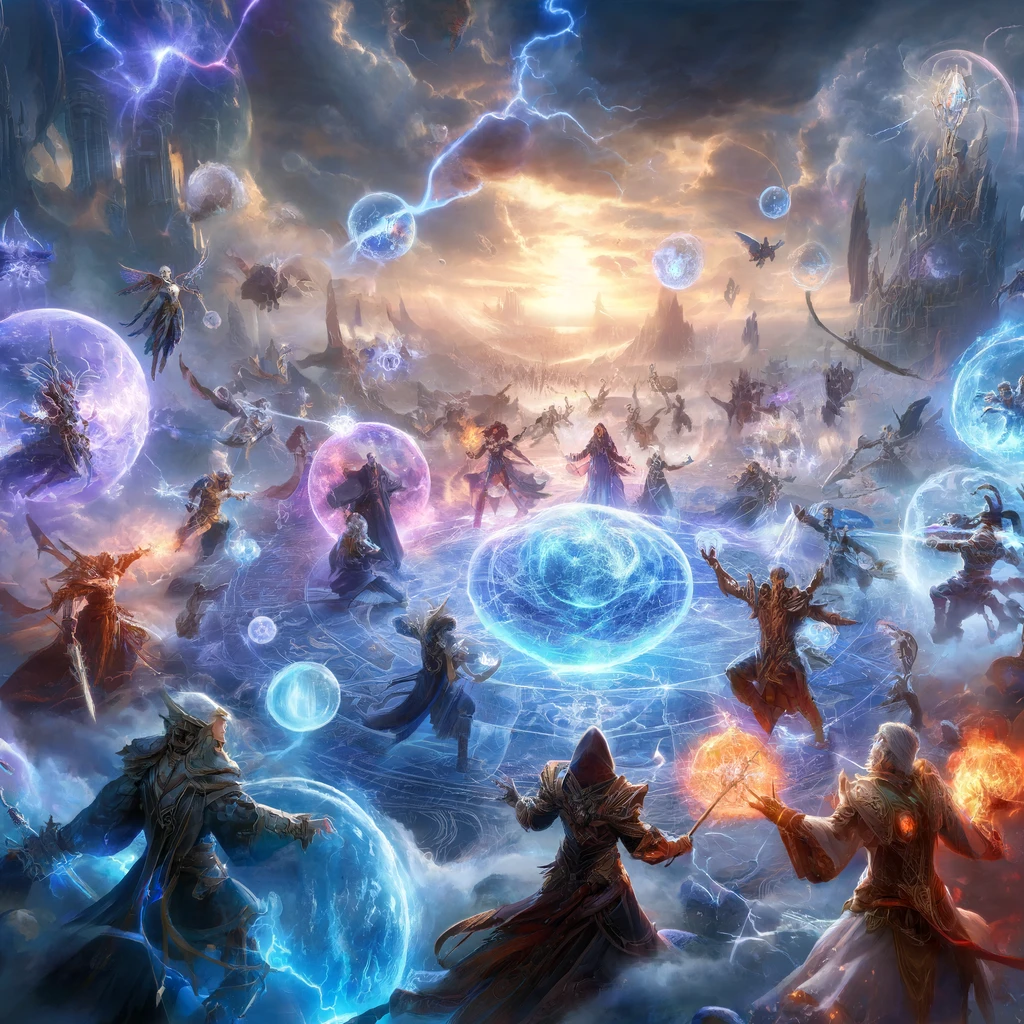 La escena muestra a poderosos magos y guerreros en combate, cada uno con sus defensas mágicas y lanzando hechizos poderosos